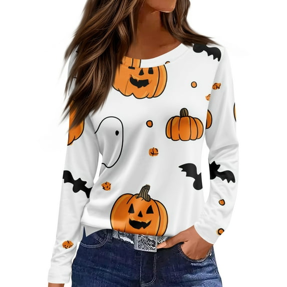 WTOBBY Women's Daily Casual Long Sleeve Printed Round Neck Top, Halloween Theme Split Hem Blouse for Fall Seasonal Fashion,Earthy Yellow L