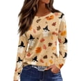 thumbnail image 1 of WTOBBY Women's Daily Casual Long Sleeve Printed Round Neck Top, Halloween Theme Split Hem Blouse for Fall Seasonal Fashion,Gold M, 1 of 5