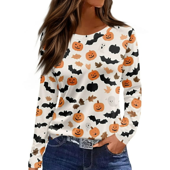 WTOBBY Women's Daily Casual Long Sleeve Printed Round Neck Top, Halloween Theme Split Hem Blouse for Fall Seasonal Fashion,Saffron L