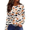 thumbnail image 1 of WTOBBY Women's Daily Casual Long Sleeve Printed Round Neck Top, Halloween Theme Split Hem Blouse for Fall Seasonal Fashion,Saffron M, 1 of 5