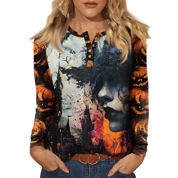 WTOBBY Women's Daily Fashion Basic Round Neck Button Raglan Sleeve T-Shirt with Long Sleeve and Halloween Print - Casual Comfort Top for Women's Wardrobe and Everyday Use,Gray XL