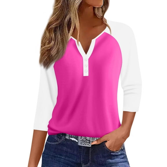 WTOBBY Women's Decorative Button Raglan Sleeve Colorblock Top with 3/4 Sleeve, Casual V-Neck T-Shirt for Fall Season, Comfortable Fashion Apparel,Watermelon Red S