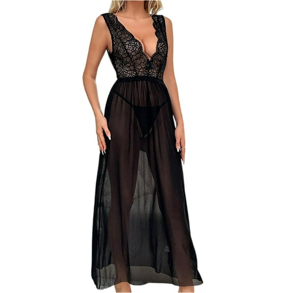 WTOBBY Women's Deep V-Neck Mesh Gown, Lace Insert Long Chemise, Adjustable Spaghetti Straps, Sheer Sleepwear for Romantic Nights ,Black L