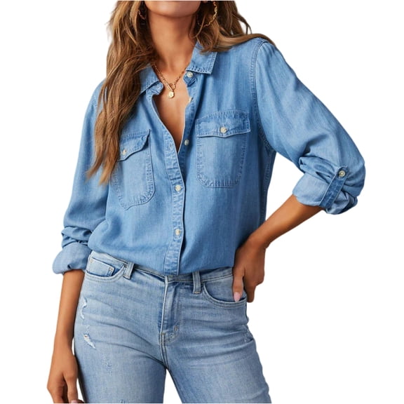 WTOBBY Women's Denim Long Sleeve Shirt with Pocket, Casual Comfort Fit Top, Classic Button Front Blouse, Versatile Fall Layering Piece,Blue S