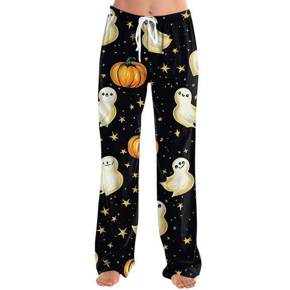 WTOBBY Women's Drawstring Halloween Print Trousers, Casual Loose Fit Novelty Pants with Elastic Waist for Seasonal Holiday Outfits,Multicolor S