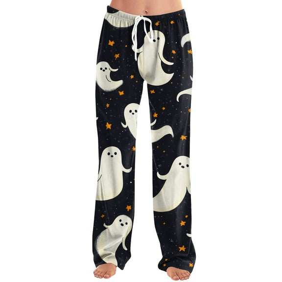 WTOBBY Women's Drawstring Halloween Print Trousers, Casual Loose Fit Novelty Pants with Elastic Waist for Seasonal Holiday Outfits,White S