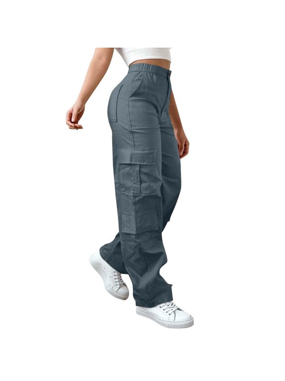 Women's Elastic High Waist Cargo Pants Stretch Casual Wide Leg Streetwear Parachute Hiking Pants with Pockets,Navy 2XL