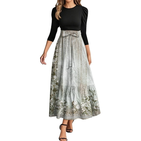 WTOBBY Women's Elegant Floral Stitching Belted Round Neck 3/4 Sleeve Dress, Fashion Casual Midi Dress with Feminine Details for Summer,Beige L