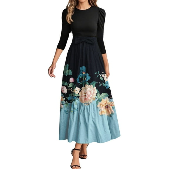 WTOBBY Women's Elegant Floral Stitching Belted Round Neck 3/4 Sleeve Dress, Fashion Casual Midi Dress with Feminine Details for Summer,Green XL