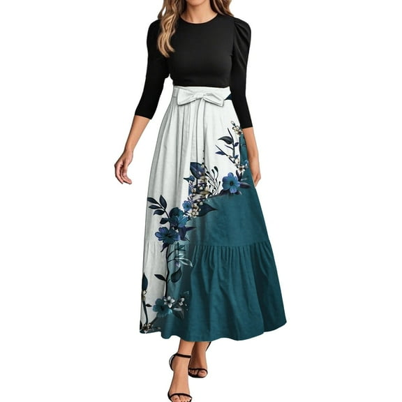 WTOBBY Women's Elegant Floral Stitching Belted Round Neck 3/4 Sleeve Dress, Fashion Casual Midi Dress with Feminine Details for Summer,Light Blue M