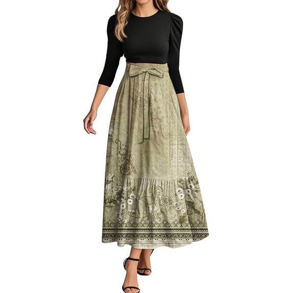 WTOBBY Women's Elegant Floral Stitching Belted Round Neck 3/4 Sleeve Dress, Fashion Casual Midi Dress with Feminine Details for Summer,Light Gray M