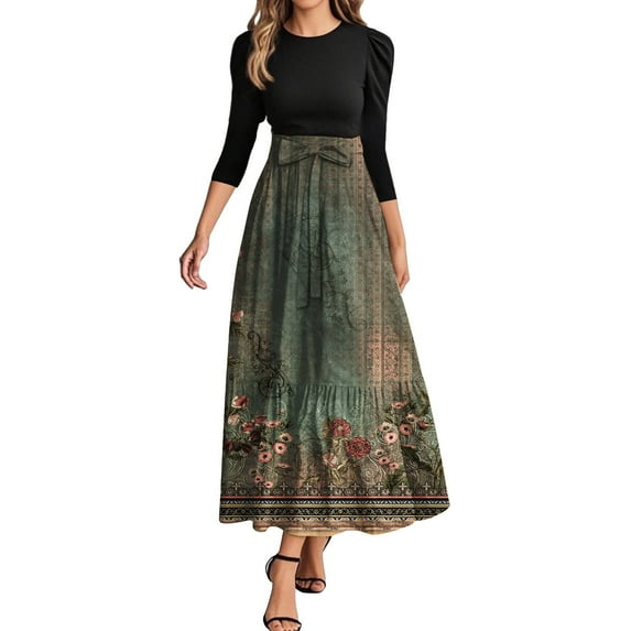 WTOBBY Women's Elegant Floral Stitching Belted Round Neck 3/4 Sleeve Dress, Fashion Casual Midi Dress with Feminine Details for Summer,Multicolor M