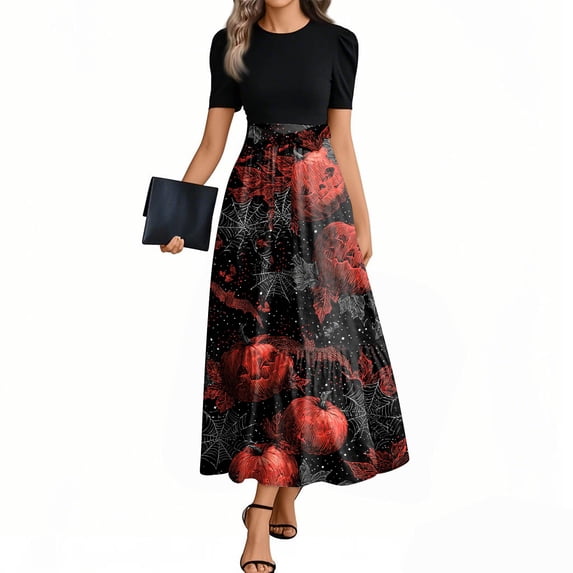WTOBBY Women's Elegant Halloween Print Dress Short Sleeve Round Neck Casual Belted Style with Vintage Theme and Comfortable Fit,Deep Red S