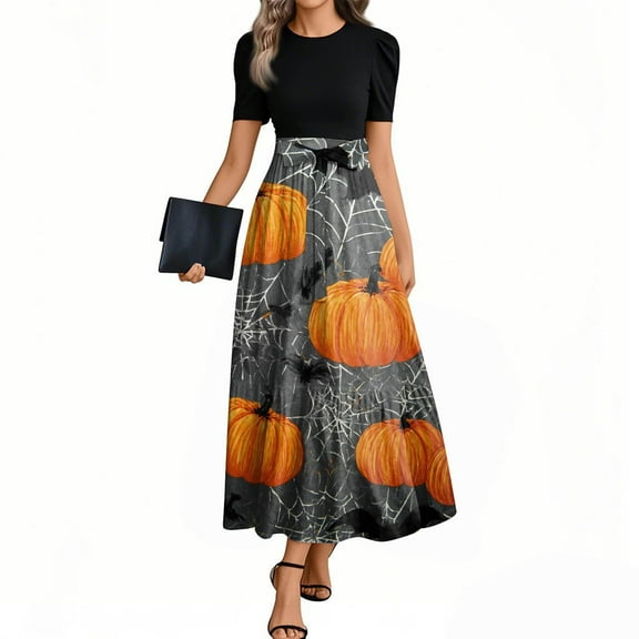 WTOBBY Women's Elegant Halloween Print Dress Short Sleeve Round Neck Casual Belted Style with Vintage Theme and Comfortable Fit,Gray S
