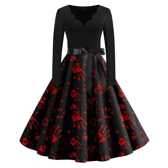 WTOBBY Women's Elegant Retro V-Neck Swing Dress Featuring Halloween Print, Long Sleeves, Waist Bow Tie Detail, and Classic Hepburn Style for Casual Parties ,Black M