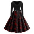 thumbnail image 1 of WTOBBY Women's Elegant Retro V-Neck Swing Dress Featuring Halloween Print, Long Sleeves, Waist Bow Tie Detail, and Classic Hepburn Style for Casual Parties ,Black L, 1 of 4