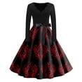 thumbnail image 1 of WTOBBY Women's Elegant Retro V-Neck Swing Dress Featuring Halloween Print, Long Sleeves, Waist Bow Tie Detail, and Classic Hepburn Style for Casual Parties ,Vermilion 2XL, 1 of 3