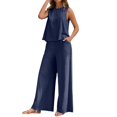 thumbnail image 1 of WTOBBY Women's Elegant Solid Color Two-Piece Set, Round Neck Sleeveless Vest & High Waist Wide Leg Pants, Chic Casual Office Wear,Dark Blue S, 1 of 5