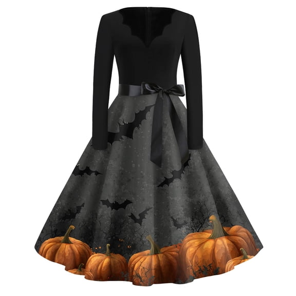 WTOBBY Women's Elegant V-Neck Slim Fit Halloween Printed Dress with Long Sleeves, Retro Design, and Casual Look for Party Wear and Festive Events ,Gray M