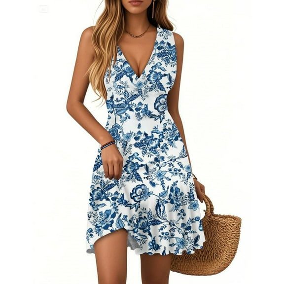 WTOBBY Women's Everyday Summer Dress Sleeveless V-Neck Floral Print Pleated Hem Casual Dress with Split Design for Outdoor Events and Date Nights,BlueS