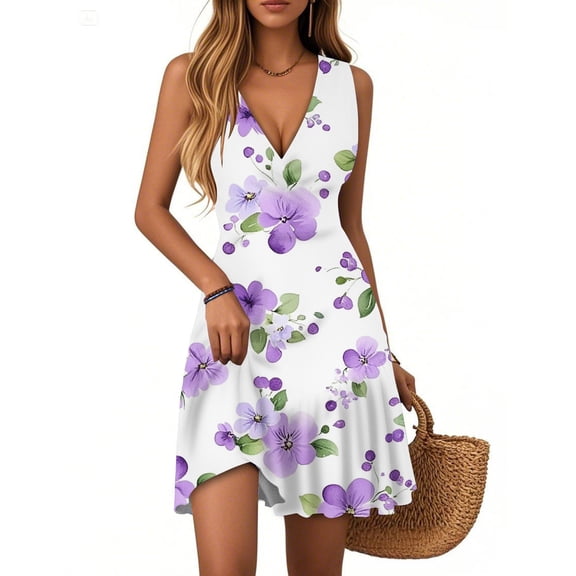 WTOBBY Women's Everyday Summer Dress Sleeveless V-Neck Floral Print Pleated Hem Casual Dress with Split Design for Outdoor Events and Date Nights,PurpleS