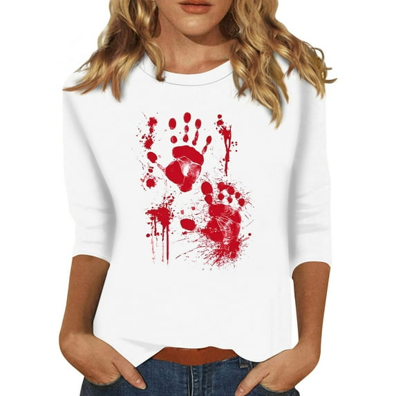 WTOBBY Women's Fall Fashion 3/4 Sleeve Round Neck Halloween Print Casual Top Loose Fit Comfortable Tee for Daily Wear and Festive Events,White S