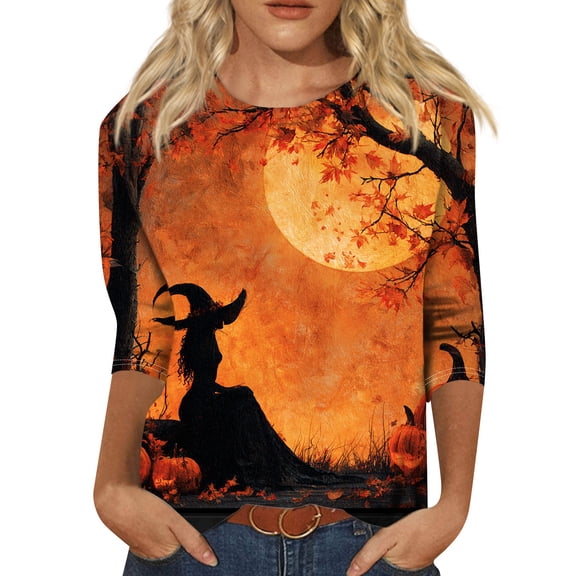 WTOBBY Women's Fall Fashion Essential 3/4 Sleeve Round Neck Halloween Print Casual T-Shirt Top for Holiday Parties and Everyday Outfits,Ginger S