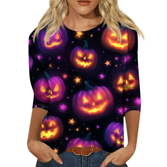 WTOBBY Women's Fall Fashion Essential 3/4 Sleeve Round Neck Halloween Print Casual T-Shirt Top for Holiday Parties and Everyday Outfits,Purple S