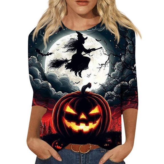 WTOBBY Women's Fall Fashion Essential 3/4 Sleeve Round Neck Halloween Print Casual T-Shirt Top for Holiday Parties and Everyday Outfits,White S