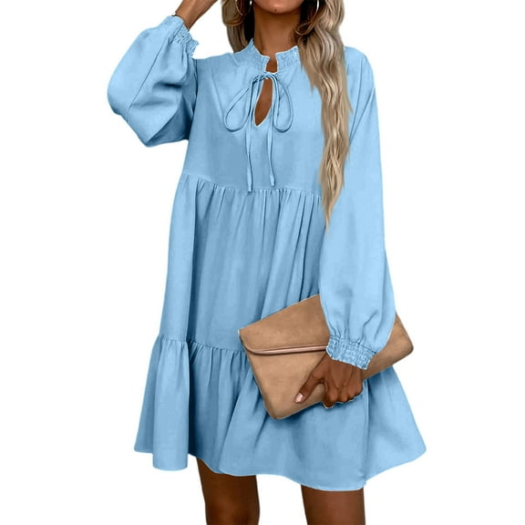 WTOBBY Women's Fall Long Sleeve Maxi Dress V-Neck Hollow Out Eyelet A-Line Casual Party Dresses with Layered Hem Detail for Autumn Season,Light Blue M