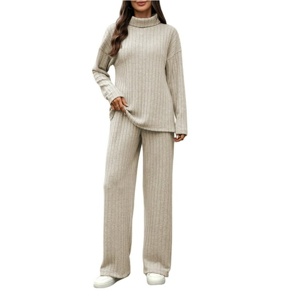 WTOBBY Women's Fall Turtleneck Long Sleeve Top and Wide Leg Pants Two Piece Set, Casual Pocket Detail Lounge Outfit for Daily Wear,Beige XL
