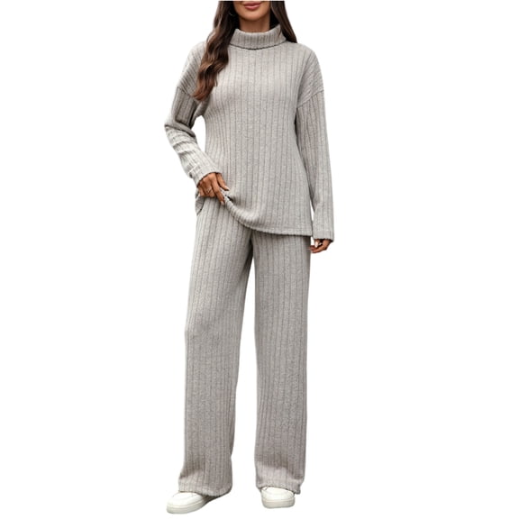 WTOBBY Women's Fall Turtleneck Long Sleeve Top and Wide Leg Pants Two Piece Set, Casual Pocket Detail Lounge Outfit for Daily Wear,Khaki XL