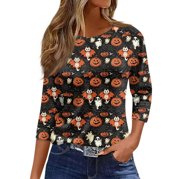 WTOBBY Women's Fall Wardrobe Essential 3/4 Sleeve Round Neck Halloween Print Casual Top for Seasonal Festivities and Daily Comfort Wear,Dark Gray 3XL