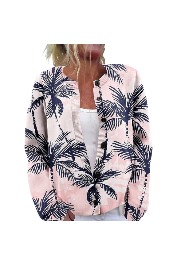 Women's Fall and Winter Retro Geometric Print Knit Cardigan, Long Sleeve Sweater for Casual and Fashionable Outfits, Cozy and Stylish,Light pink L