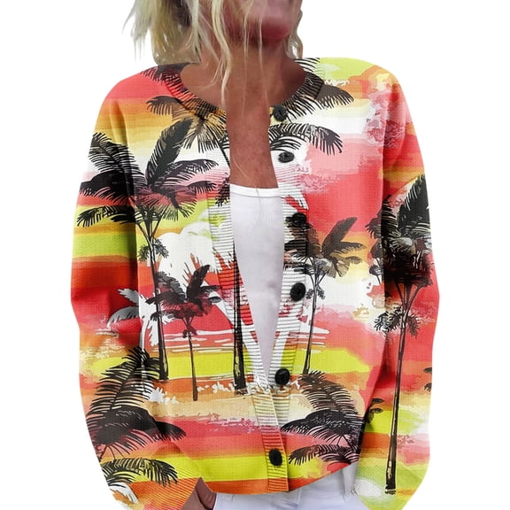 WTOBBY Women's Fall and Winter Retro Geometric Print Knit Cardigan, Long Sleeve Sweater for Casual and Fashionable Outfits, Cozy and Stylish,Orange 2XL