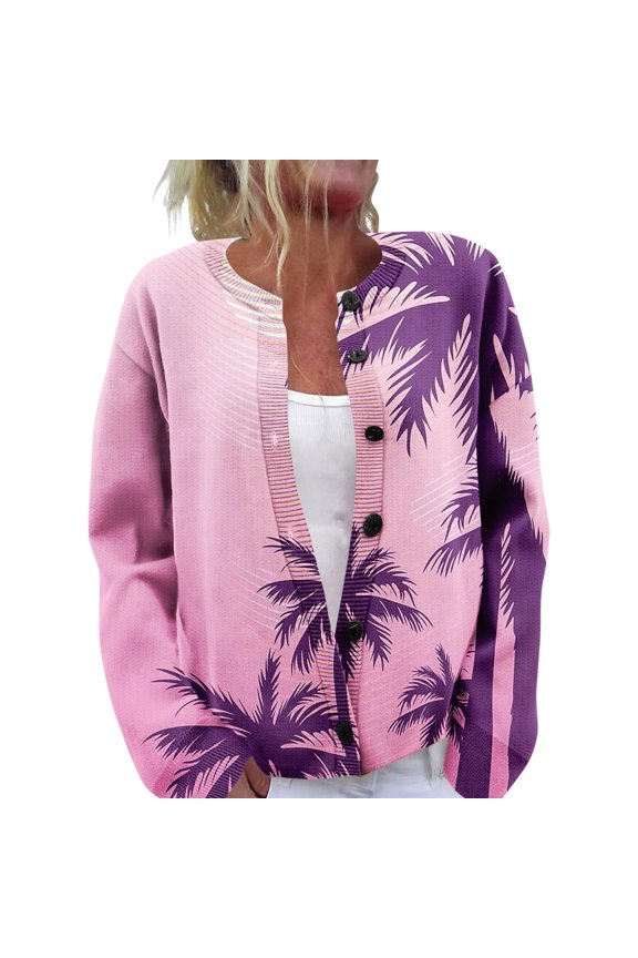 Women's Fall and Winter Retro Geometric Print Knit Cardigan, Long Sleeve Sweater for Casual and Fashionable Outfits, Cozy and Stylish,Pink 2XL