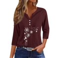 thumbnail image 1 of WTOBBY Women's Fashion Basic V-Neck T-Shirt with Printed Pattern, 3/4 Sleeve, and Button Detail, Ideal for Weekend Wear, Spring Fall Season, Casual Occasions, and Everyday Comfort,Wine L, 1 of 6