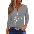 thumbnail image 1 of WTOBBY Women's Fashion Basic V-Neck T-Shirt with Printed Pattern, 3/4 Sleeve, and Button Detail, Ideal for Weekend Wear, Spring Fall Season, Casual Occasions, and Everyday Comfort,Gray M, 1 of 6