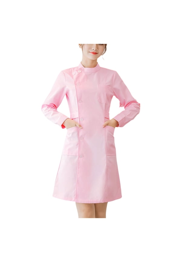 Women's Fashion Bias Lapel Standing Collar Long Sleeve Solid Color Uniform Dress for Professional and Casual Settings Durable Workwear-Inspired Design,Pink M