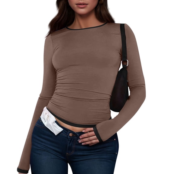 WTOBBY Women's Fashion Black Color Blocking Round Neck Long Sleeve T-Shirt Top, Casual Stylish Blouse for Comfortable and Versatile Everyday Outfits,Brown XL