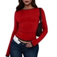thumbnail image 1 of WTOBBY Women's Fashion Black Color Blocking Round Neck Long Sleeve T-Shirt Top, Casual Stylish Blouse for Comfortable and Versatile Everyday Outfits,Red M, 1 of 4