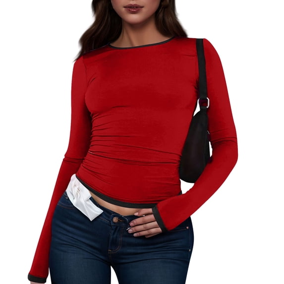 WTOBBY Women's Fashion Black Color Blocking Round Neck Long Sleeve T-Shirt Top, Casual Stylish Blouse for Comfortable and Versatile Everyday Outfits,Red M