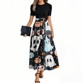 thumbnail image 1 of WTOBBY Women's Fashion Casual Belted Short Sleeve Round Neck Halloween Print Elegant Dress with Waist Tie and Vintage Pattern,Navy M, 1 of 3
