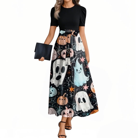 WTOBBY Women's Fashion Casual Belted Short Sleeve Round Neck Halloween Print Elegant Dress with Waist Tie and Vintage Pattern,Navy M