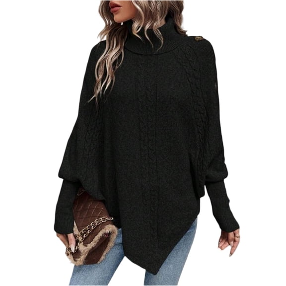 WTOBBY Women's Fashion Casual Cable Knit Turtleneck Sweater, Button-Decorated Long Sleeve Pullover for Elegant and Cozy Fall and Winter Outfits,Black XL