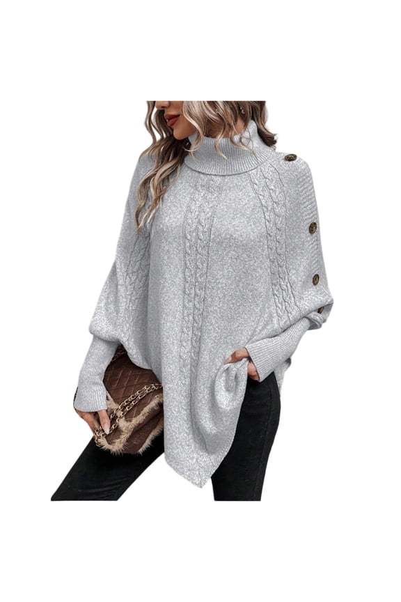 Women's Fashion Casual Cable Knit Turtleneck Sweater, Button-Decorated Long Sleeve Pullover for Elegant and Cozy Fall and Winter Outfits,Gray M
