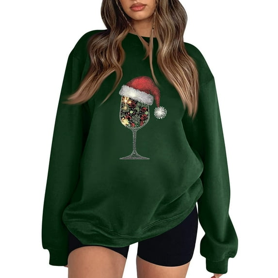 WTOBBY Women's Fashion Casual Cartoon Print Sweatshirt, Fun Graphic Design for Women, Soft and Comfortable Long Sleeve Top for Lounge and Casual Outings,Dark Green 2XL