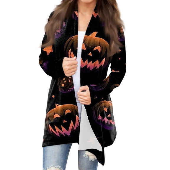 WTOBBY Women's Fashion Casual Halloween Printed Mid-Length Cardigan Jacket Asymmetrical Hem Cover Up Long Sleeve Open Front Lightweight Top,Ginger XL