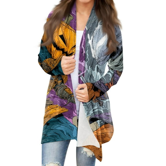 WTOBBY Women's Fashion Casual Halloween Printed Mid-Length Cardigan Jacket Asymmetrical Hem Cover Up Long Sleeve Open Front Lightweight Top,Gray S