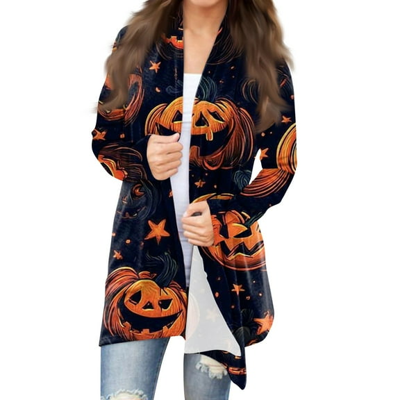 WTOBBY Women's Fashion Casual Halloween Printed Mid-Length Cardigan Jacket Asymmetrical Hem Cover Up Long Sleeve Open Front Lightweight Top,Saffron L